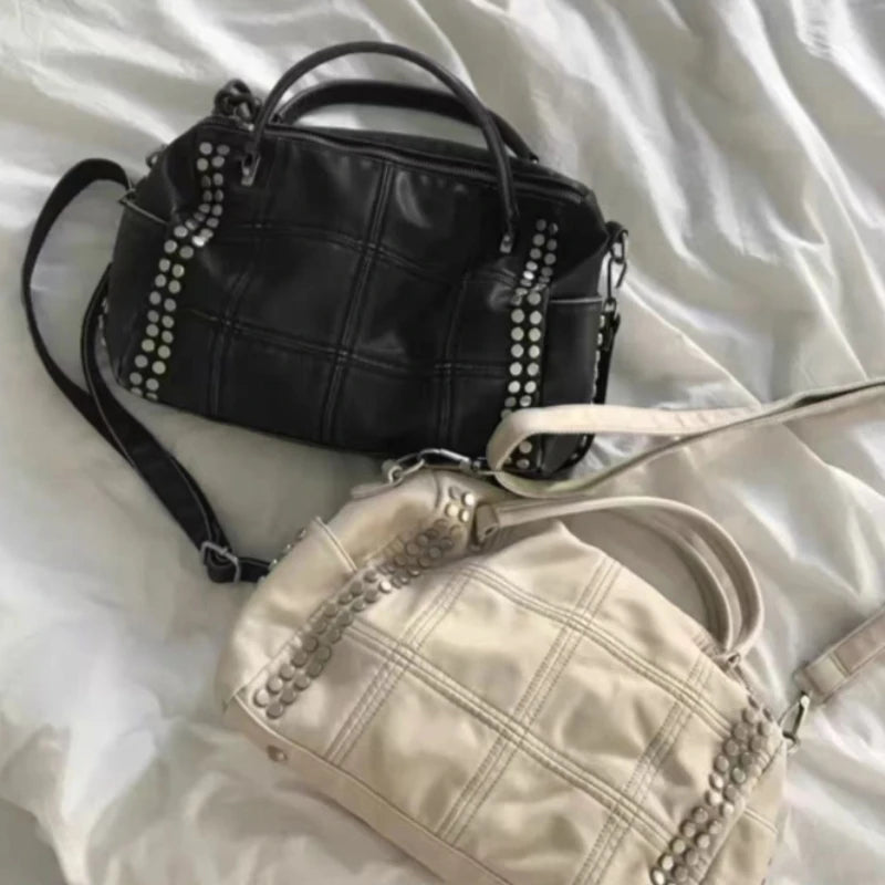 2026 New Fashion Retro Style Metal Rivet Tote Bag Women's Handbag Large Capacity Motorcycle Bag Detachable Shoulder Strap